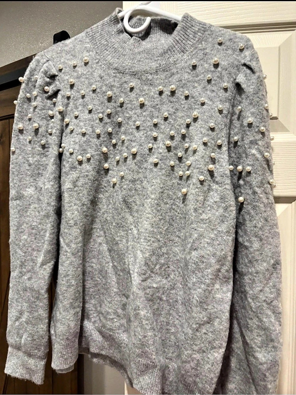 Ann Taylor Pearl Embellished Gray Sweater Size XL